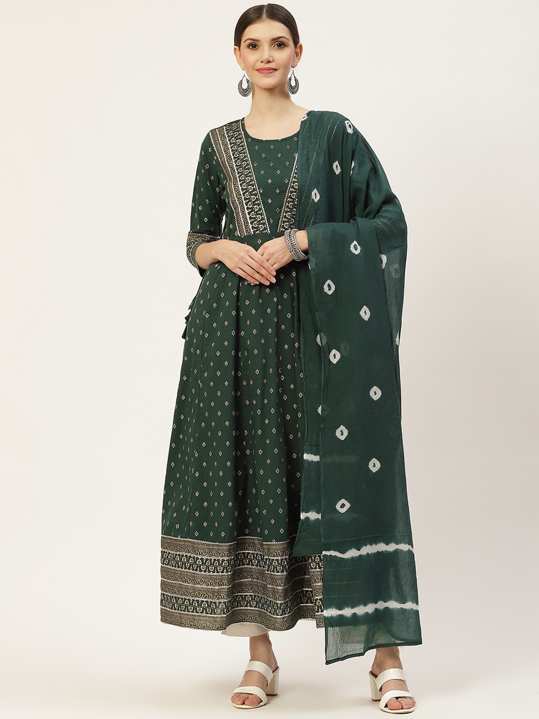 

KBZ Green Ethnic Motifs Printed Cotton Ethnic Maxi Dress With Dupatta