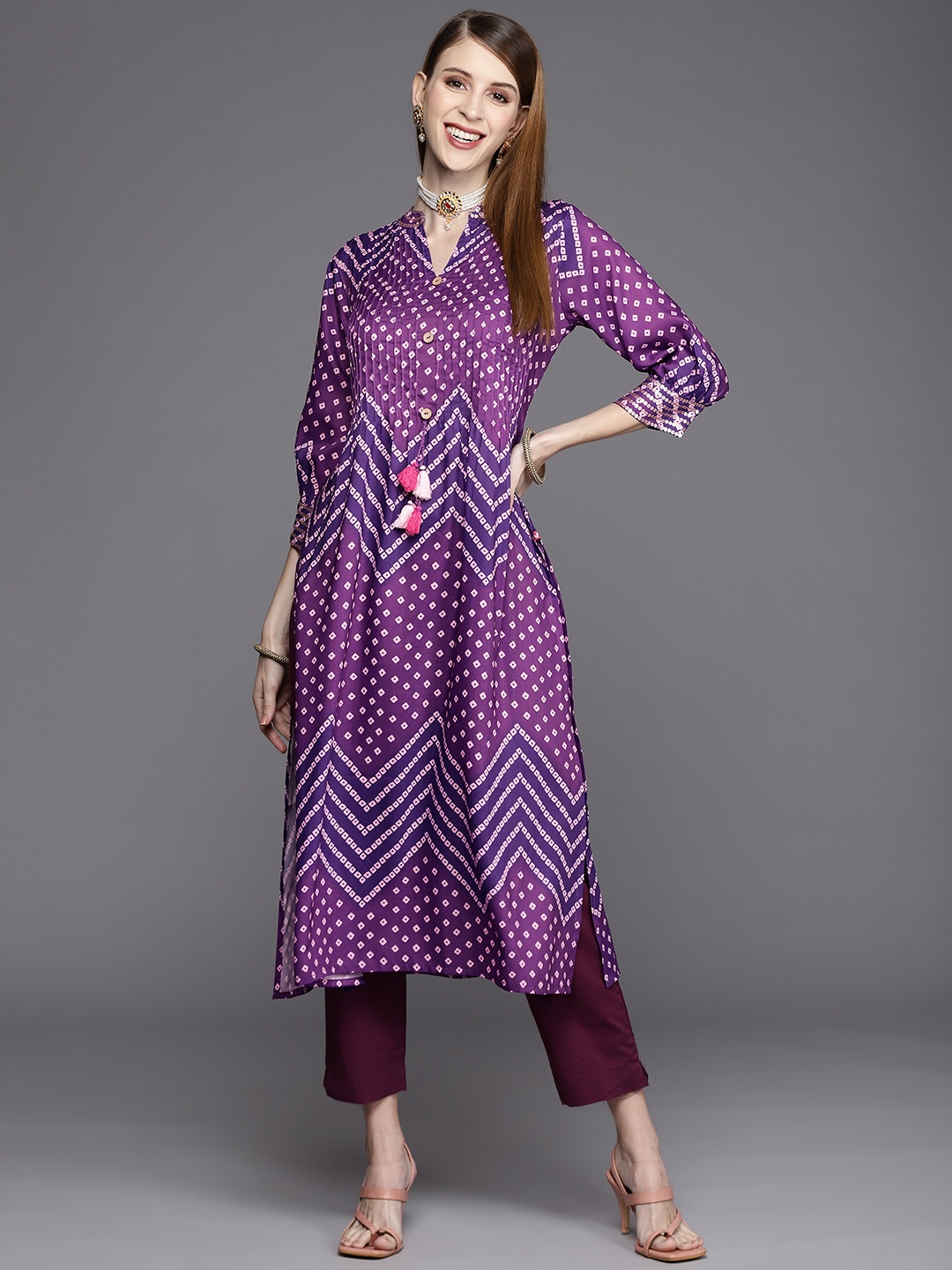 

Varanga Women Purple & Navy Blue Bandhani Printed Indie Prints Kurta