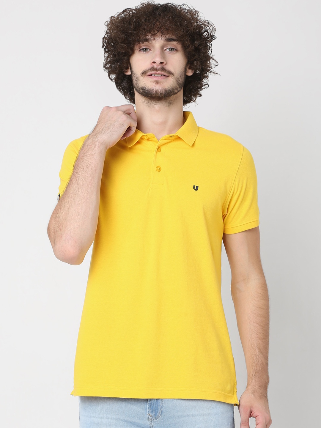 

UnderJeans by Spykar Men Yellow Solid Polo Collar Pure Cotton Lounge Tshirts