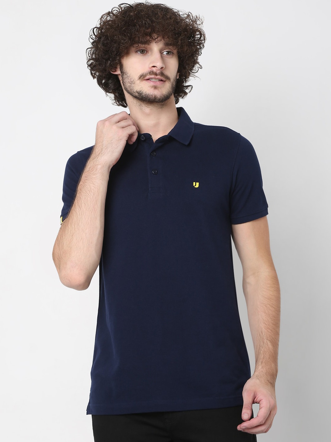 

UnderJeans by Spykar Men Navy Blue Polo Collar Cotton T-shirt