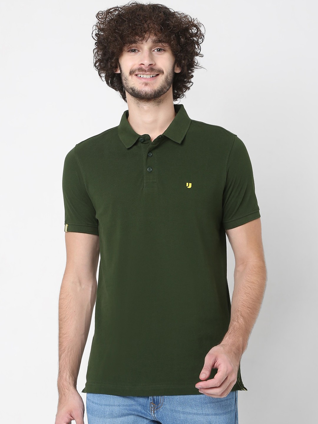 

UnderJeans by Spykar Men Green Solid Polo Collar Cotton Lounge Tshirts