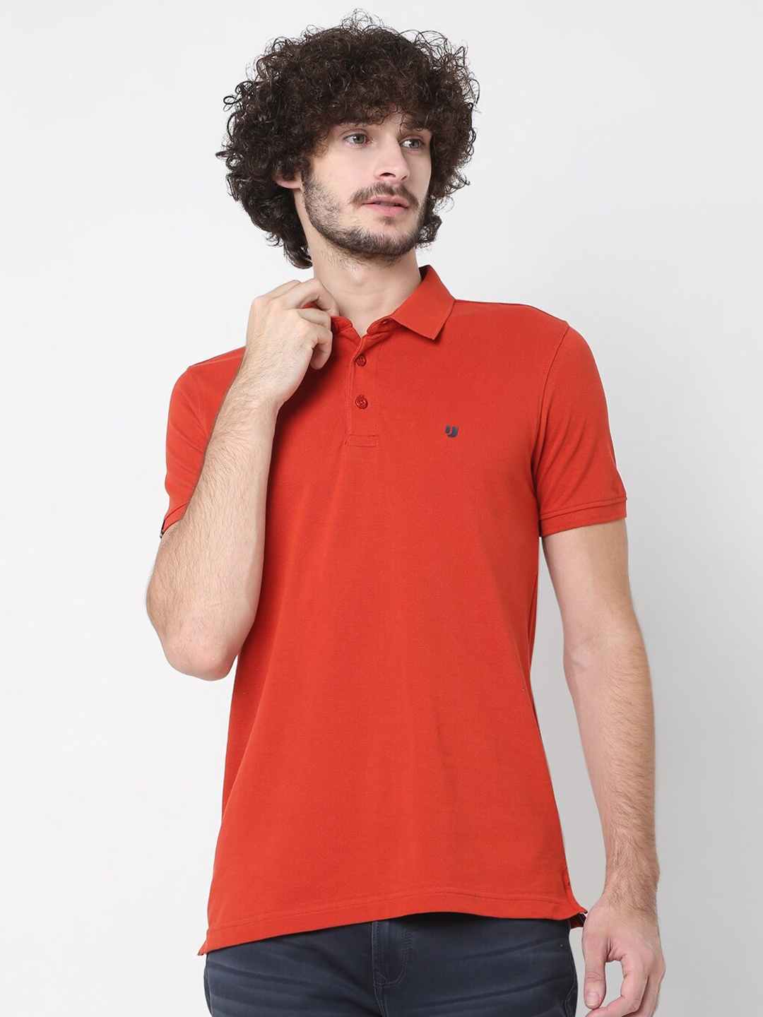 

UnderJeans by Spykar Men Orange Solid Polo Collar Pure Cotton Lounge Tshirts