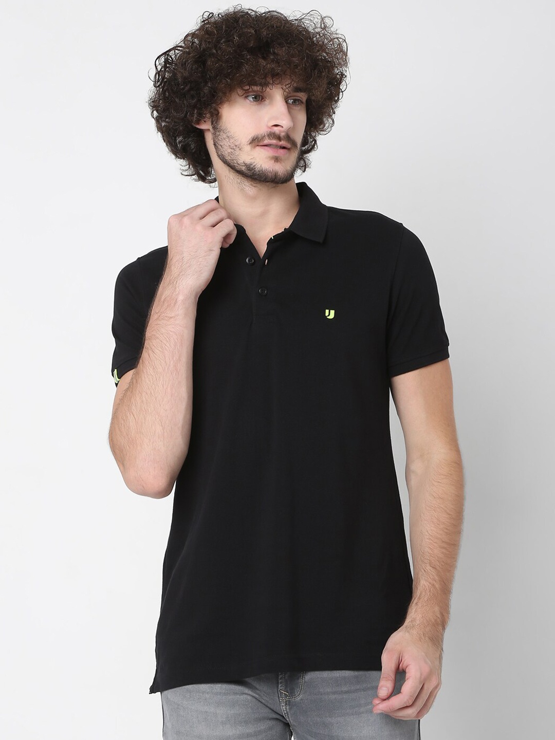 

UnderJeans by Spykar Men Black Solid Cotton Polo Collar Lounge Tshirts