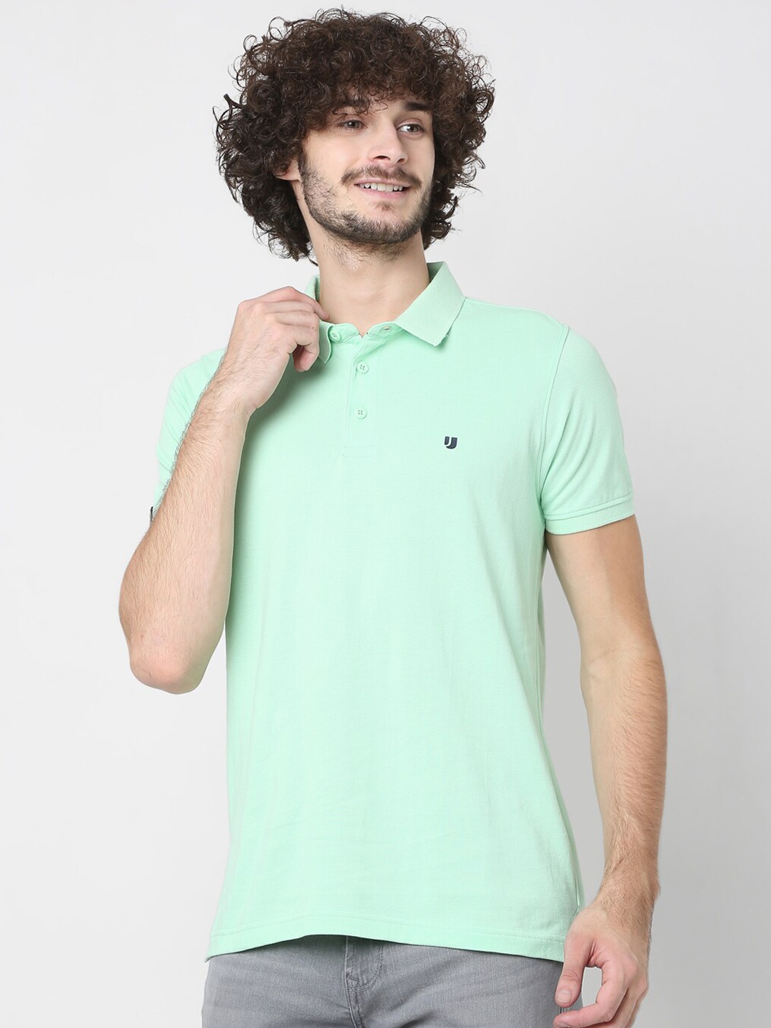 

UnderJeans by Spykar Men Green Solid Polo Collar Pure Cotton Lounge Tshirts