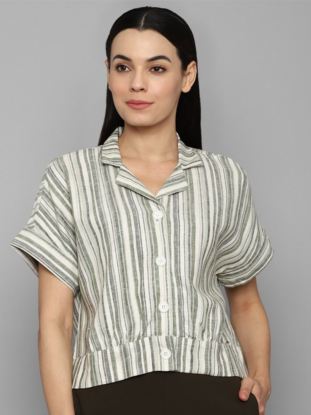 

Allen Solly Woman Women Olive Green Striped Casual Shirt