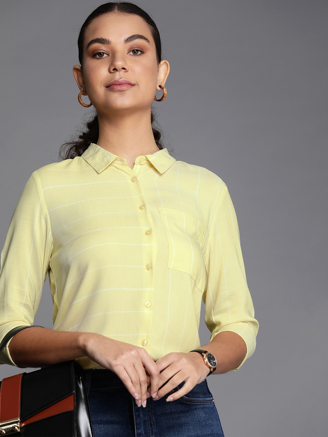 

Allen Solly Woman Yellow Striped Casual Shirt