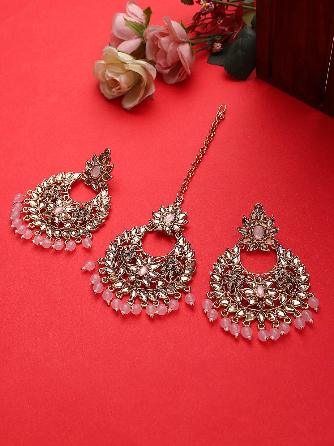 

STEORRA JEWELS Peach-Coloured Contemporary Chandbalis Earrings