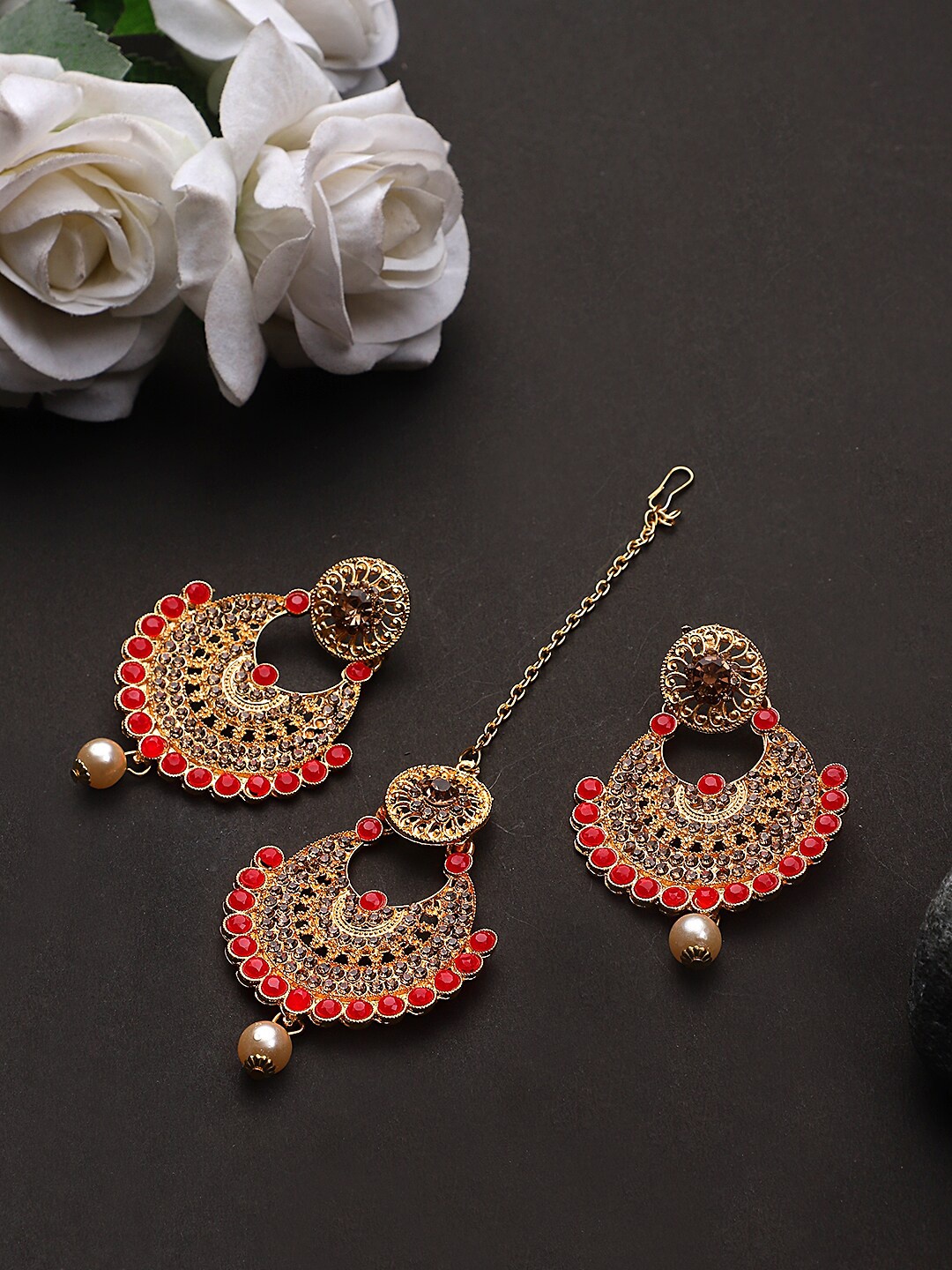 

STEORRA JEWELS Red Contemporary Chandbalis Earrings