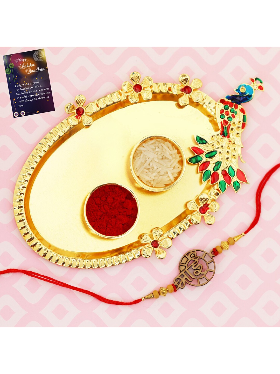 

Silver Shine 1 Rakhi with Pooja Thali Roli Chawal Greeting Card, Red