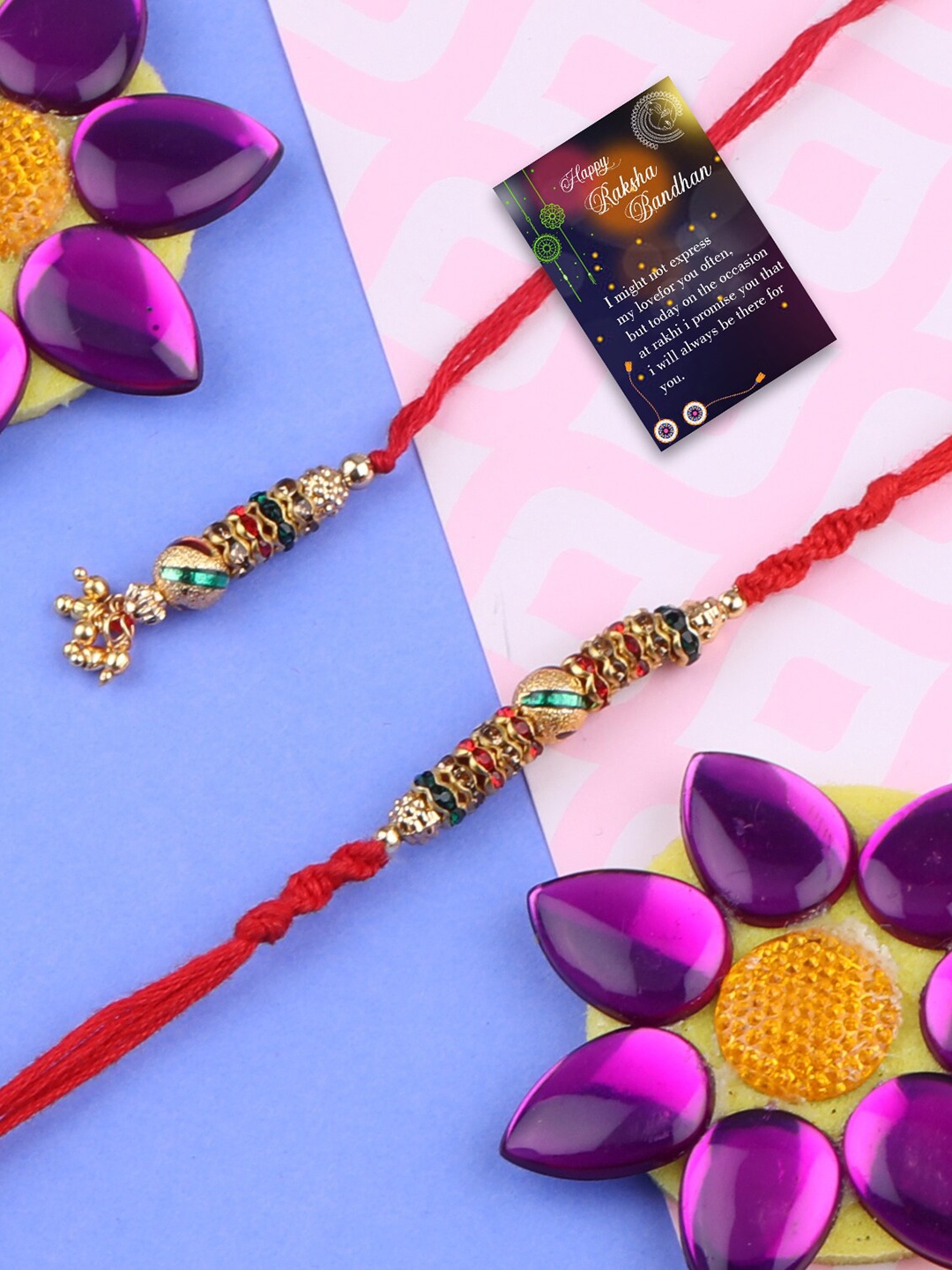 

Silver Shine Set of 2 Rakhi with Roli Chawal & Greeting Card, Multi