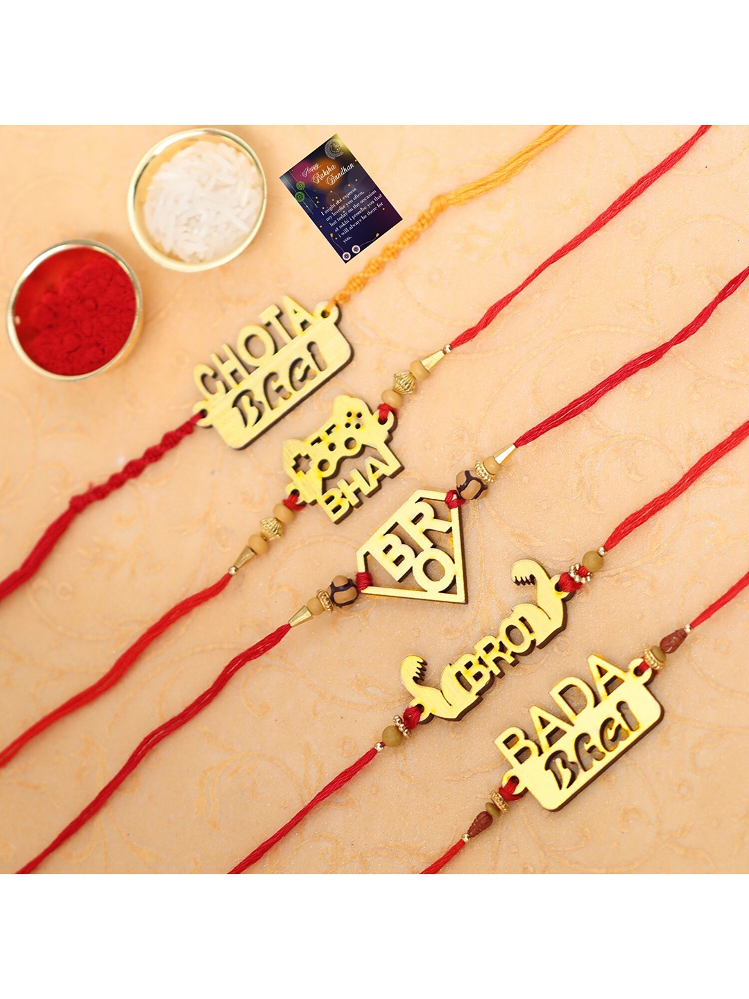 

Silver Shine Set Of 5 Beaded Rakhis With Roli Chawal & Greeting Card, Red