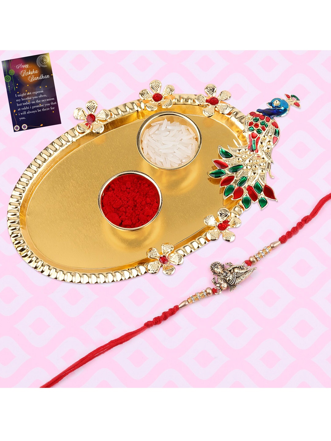 

Silver Shine 1 Rakhi With Pooja Thali Roli Chawal Greeting card, Red