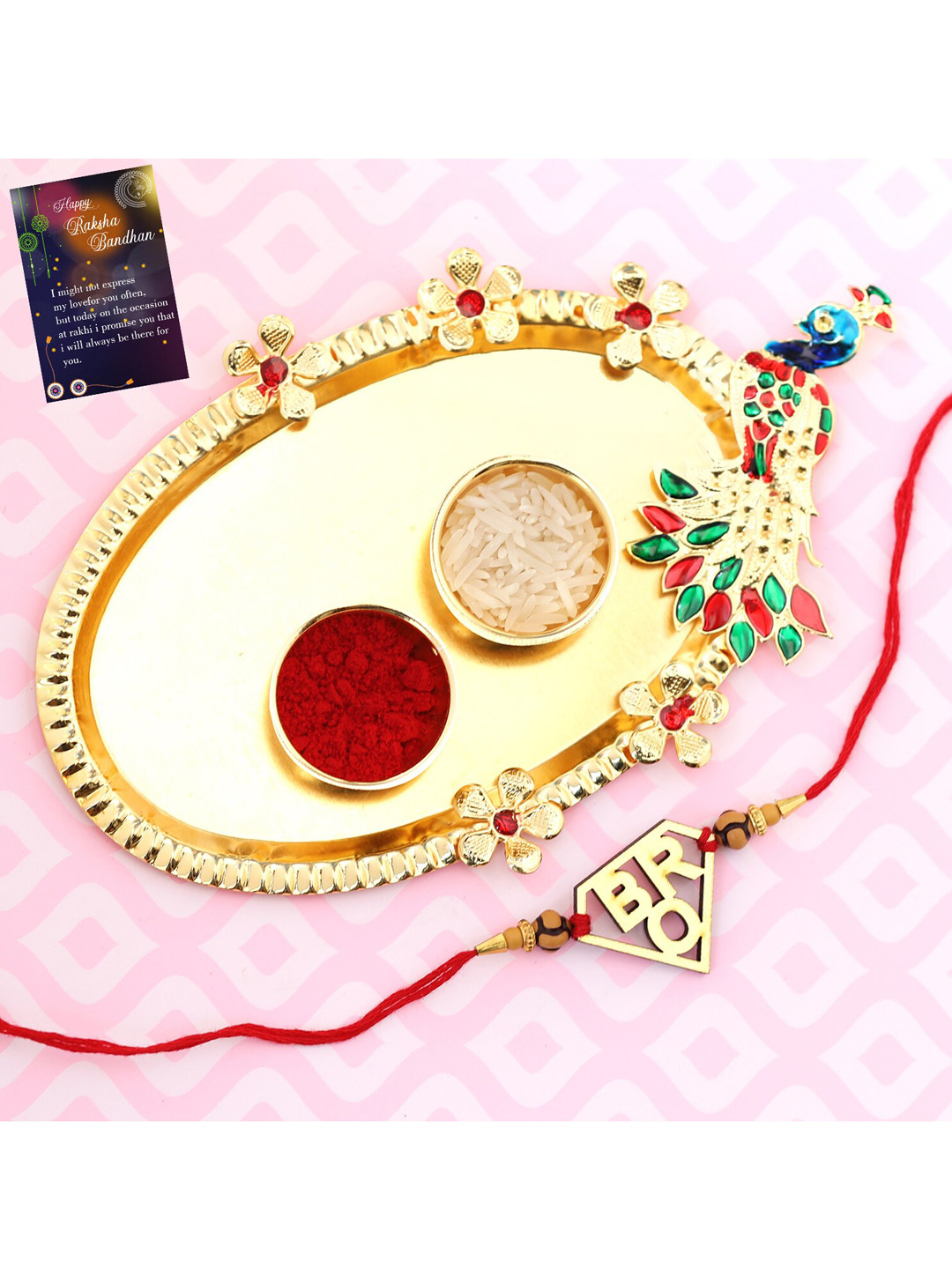 

Silver Shine Red 1 Rakhi With Pooja Thali Roli Chawal and Greeting Card