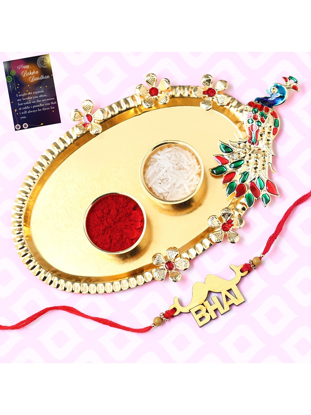 

Silver Shine 1 Rakhi With Pooja Thali Roli Chawal Greeting card, Red