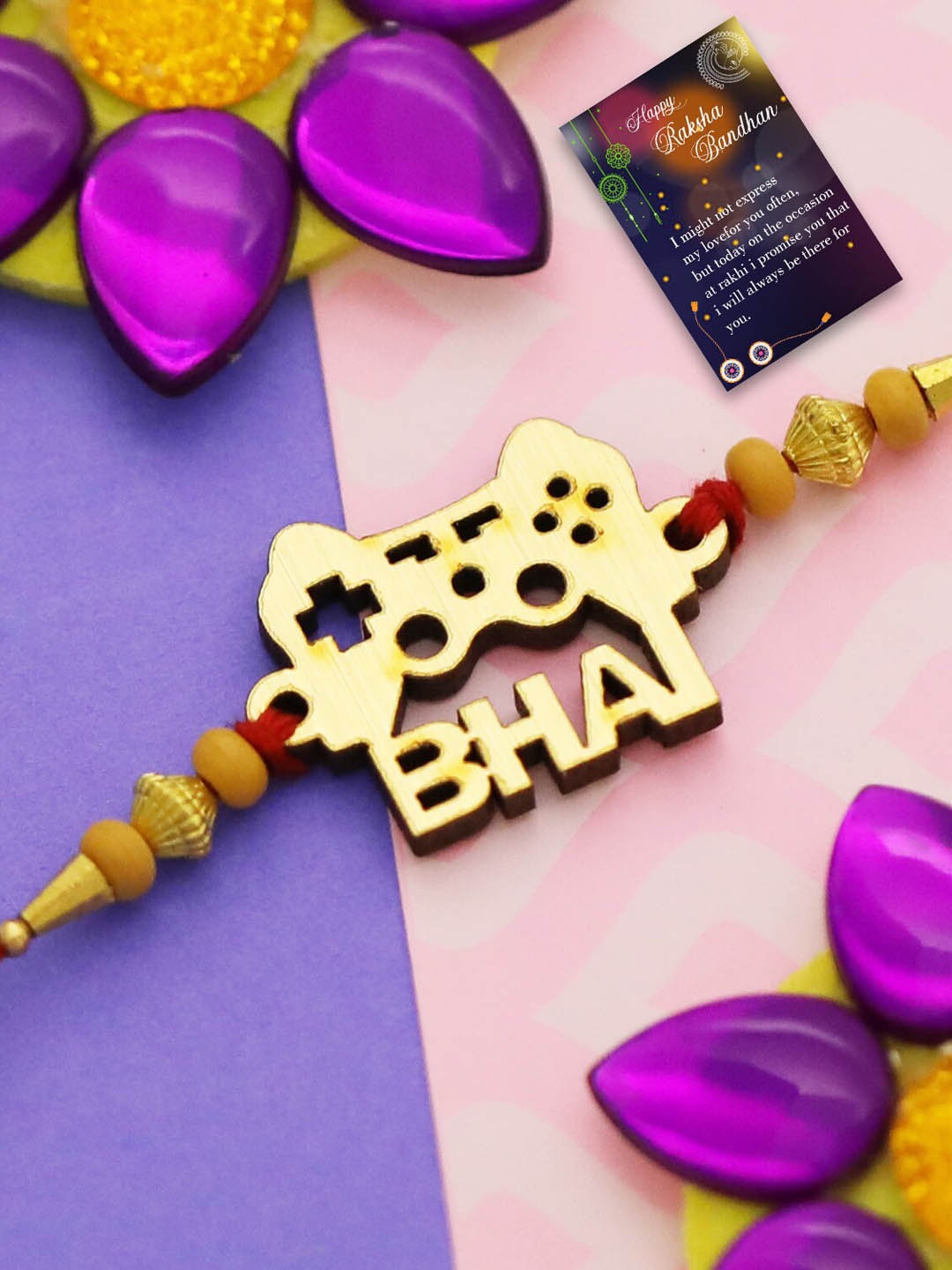 

Silver Shine Men Beaded Thread Rakhi With Roli Chawal & Greeting Card, Gold