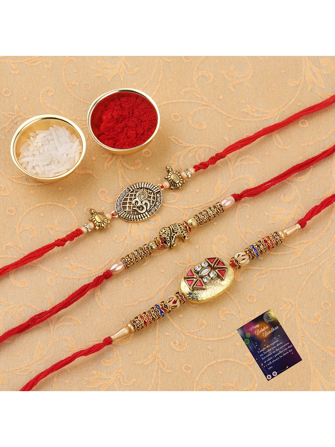 

Silver Shine Set Of 3 Rakhi With Roli Chawal & Greeting Card, Gold