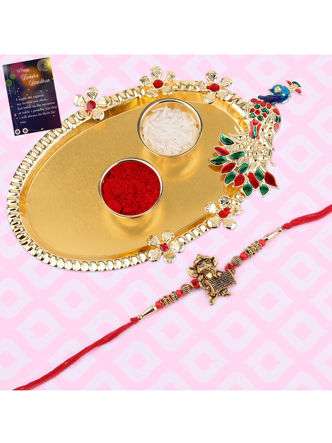 

Silver Shine 1 Rakhi with Pooja Thali Roli Chawal Greeting Card, Gold