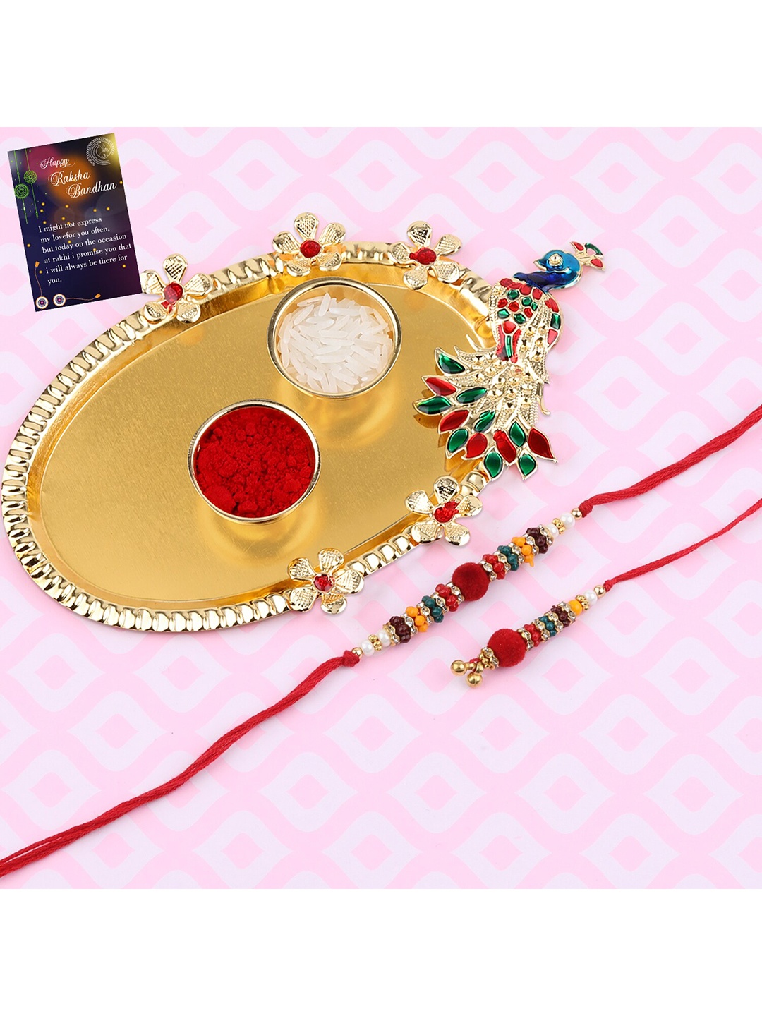 

Silver Shine Golden-Stoned & Red Rakhi With Pooja Thali Roli Chawal Greeting card, Gold