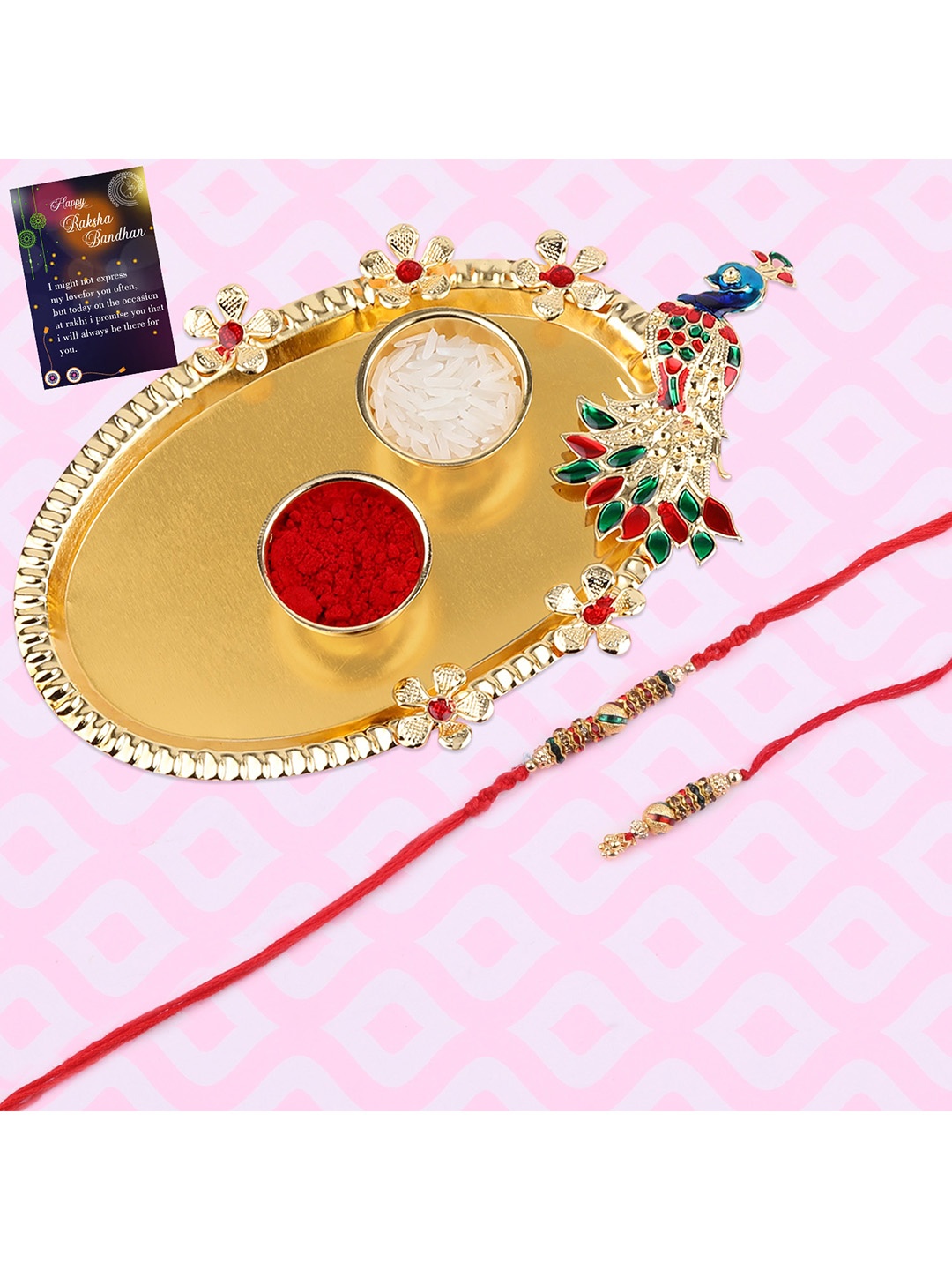 

Silver Shine Red 1 Rakhi With Pooja Thali Roli Chawal and Greeting Card