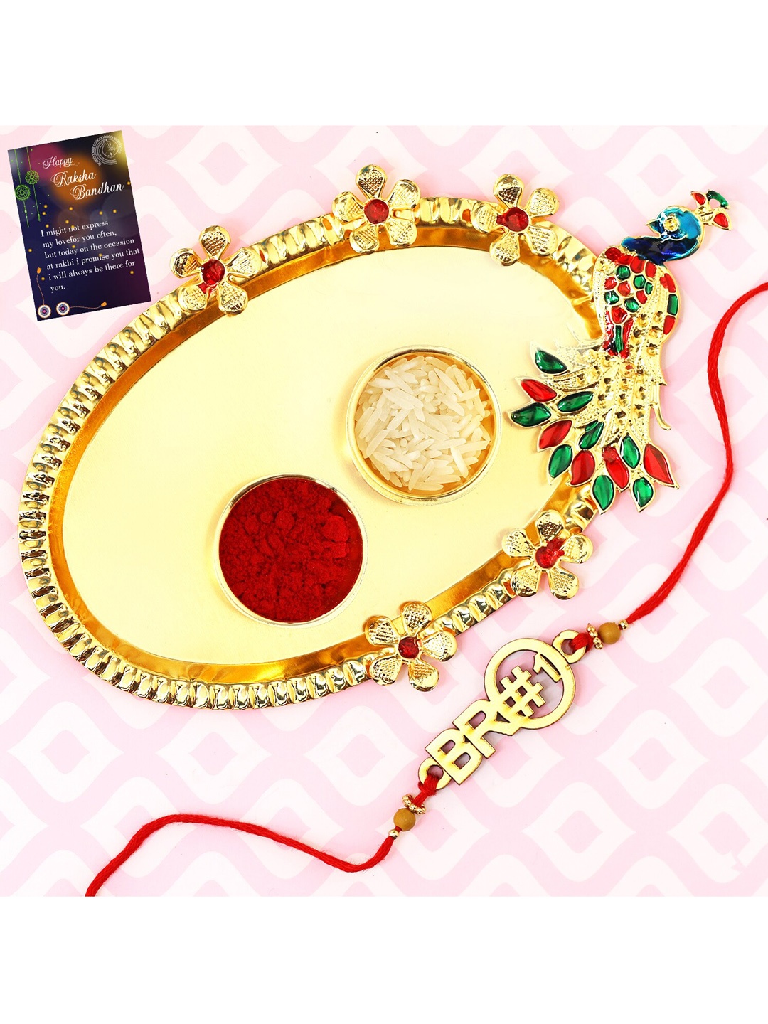 

Silver Shine Bro Charm Rakhi With Pooja Thali Roli Chawal & Greeting Card, Red
