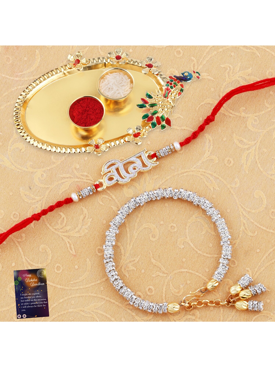 

Silver Shine Red & Gold-Toned 1 Rakhi 1 Bhabhi Rakhi With Pooja Thali Roli Chawal