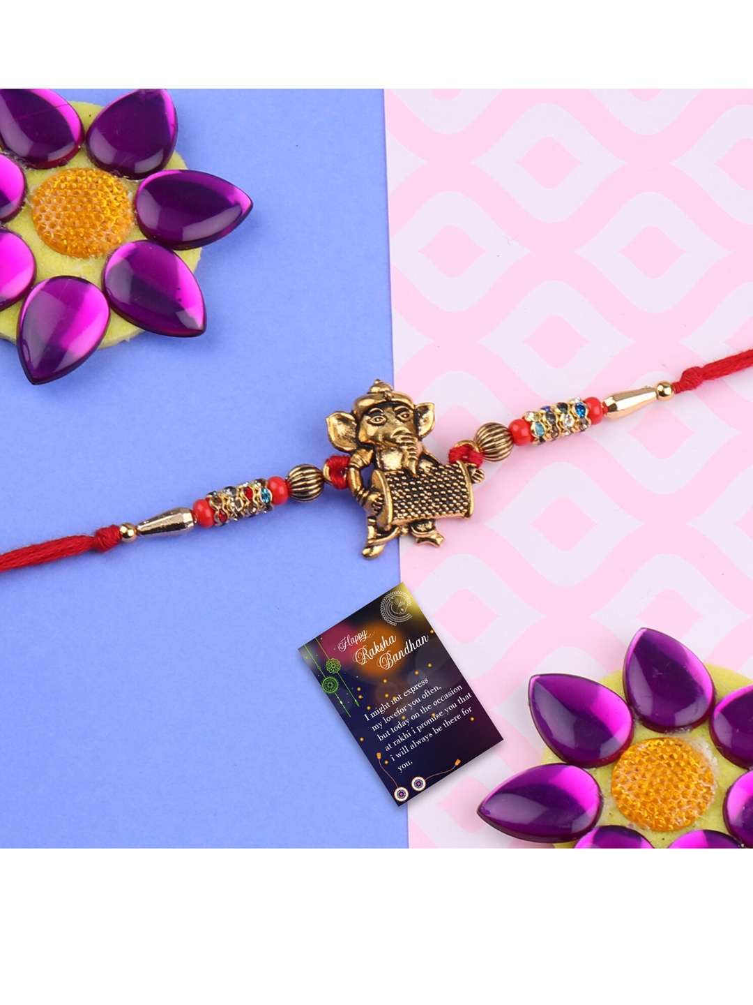

Silver Shine Red & Gold-Toned Stone-Studded Rakhi