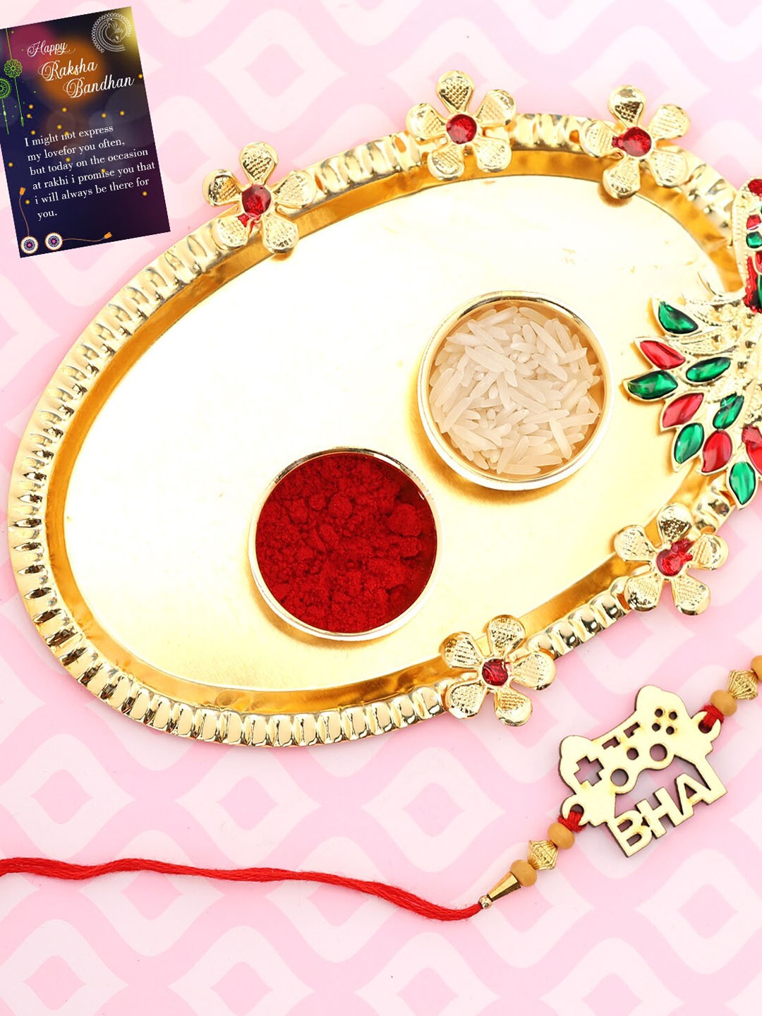 

Silver Shine 1 Rakhi with Pooja Thali Roli Chawal Greeting Card, Multi