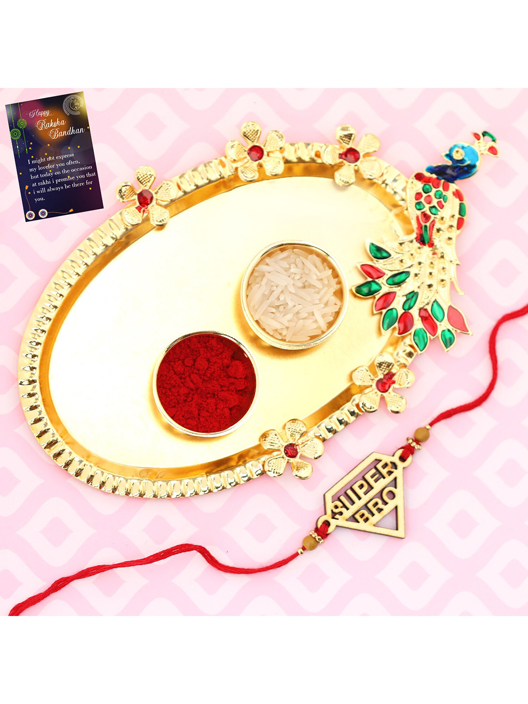 

Silver Shine Gold-Toned & Red 1 Rakhi With Pooja Thali Roli Chawal Greeting card