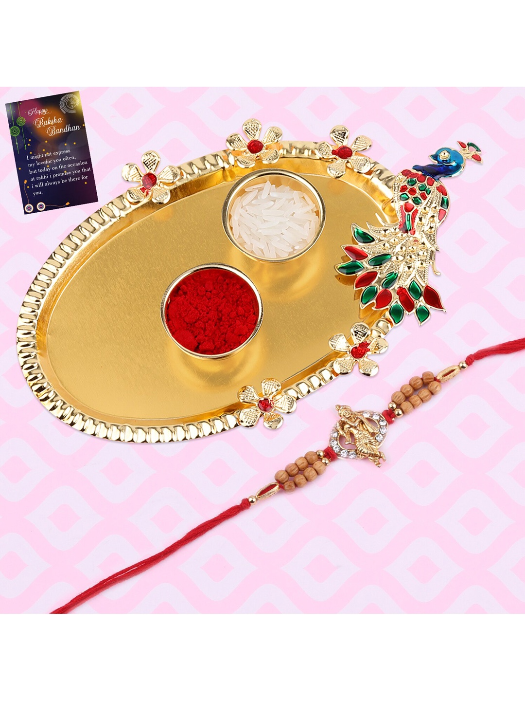 

Silver Shine Golden-Stoned & Red Rakhi With Pooja Thali Roli Chawal Greeting card, Gold