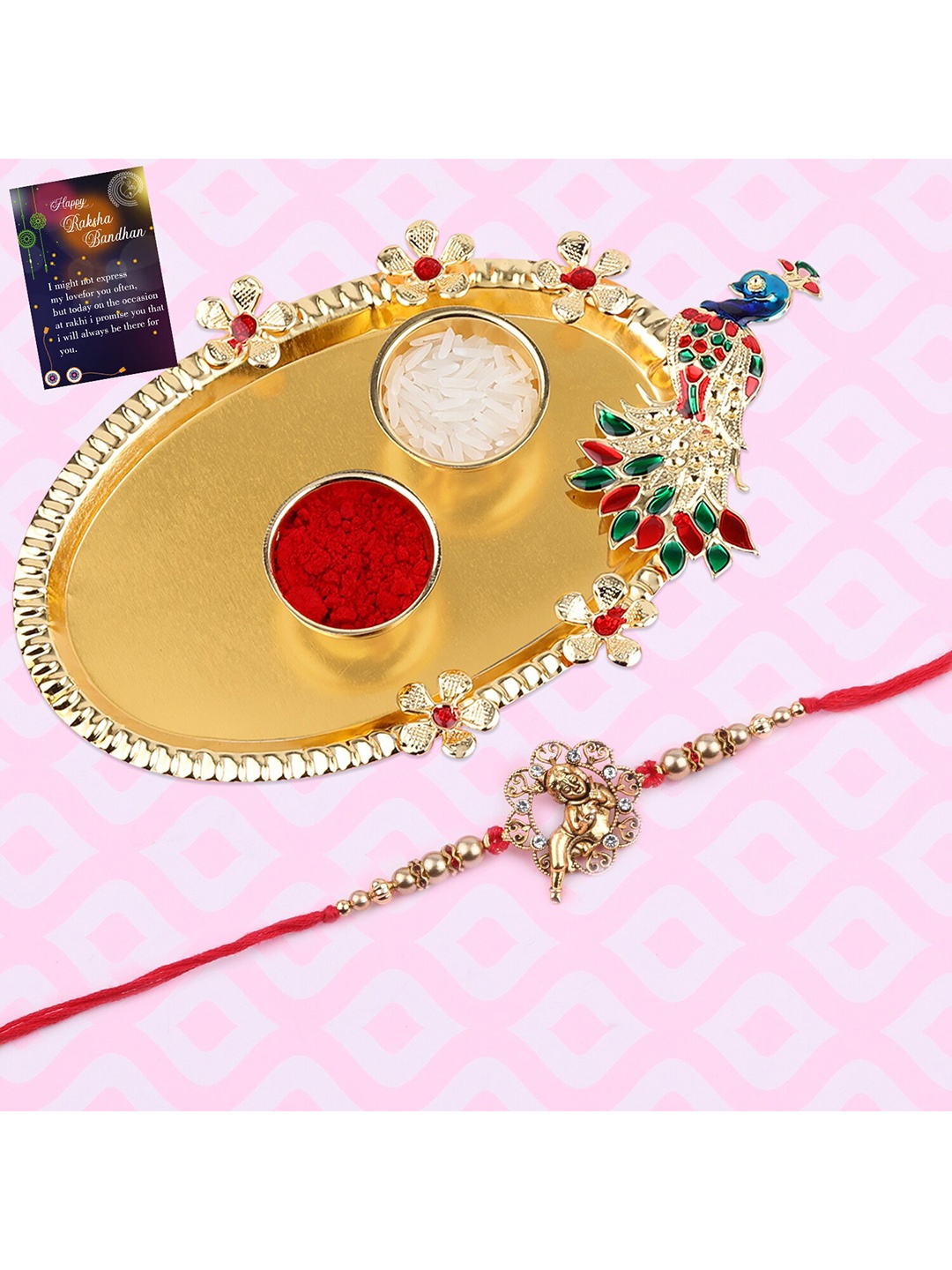 

Silver Shine Multicoloured 2 Rakhis with Roli Chawal & Greetings Card, Multi