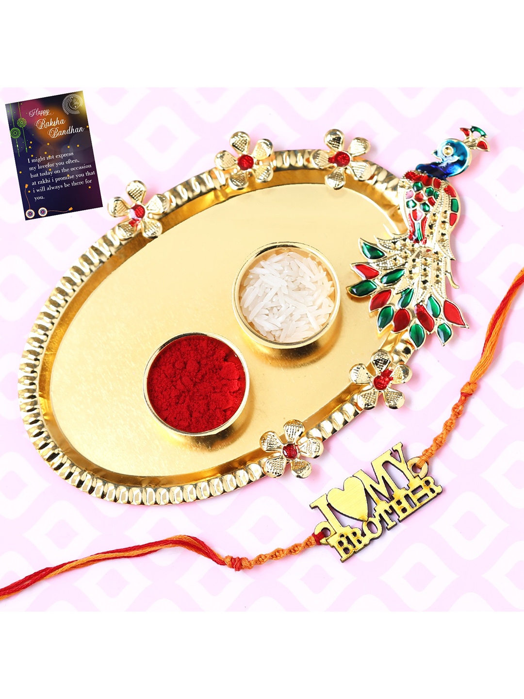 

Silver Shine Red & Gold-Toned 1 Rakhi With Pooja Thali Roli Chawal and Greeting Card