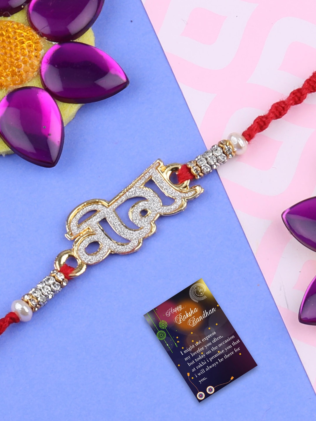 

Silver Shine Gold-Toned 1 Rakhi With Roli Chawal and Greeting Card