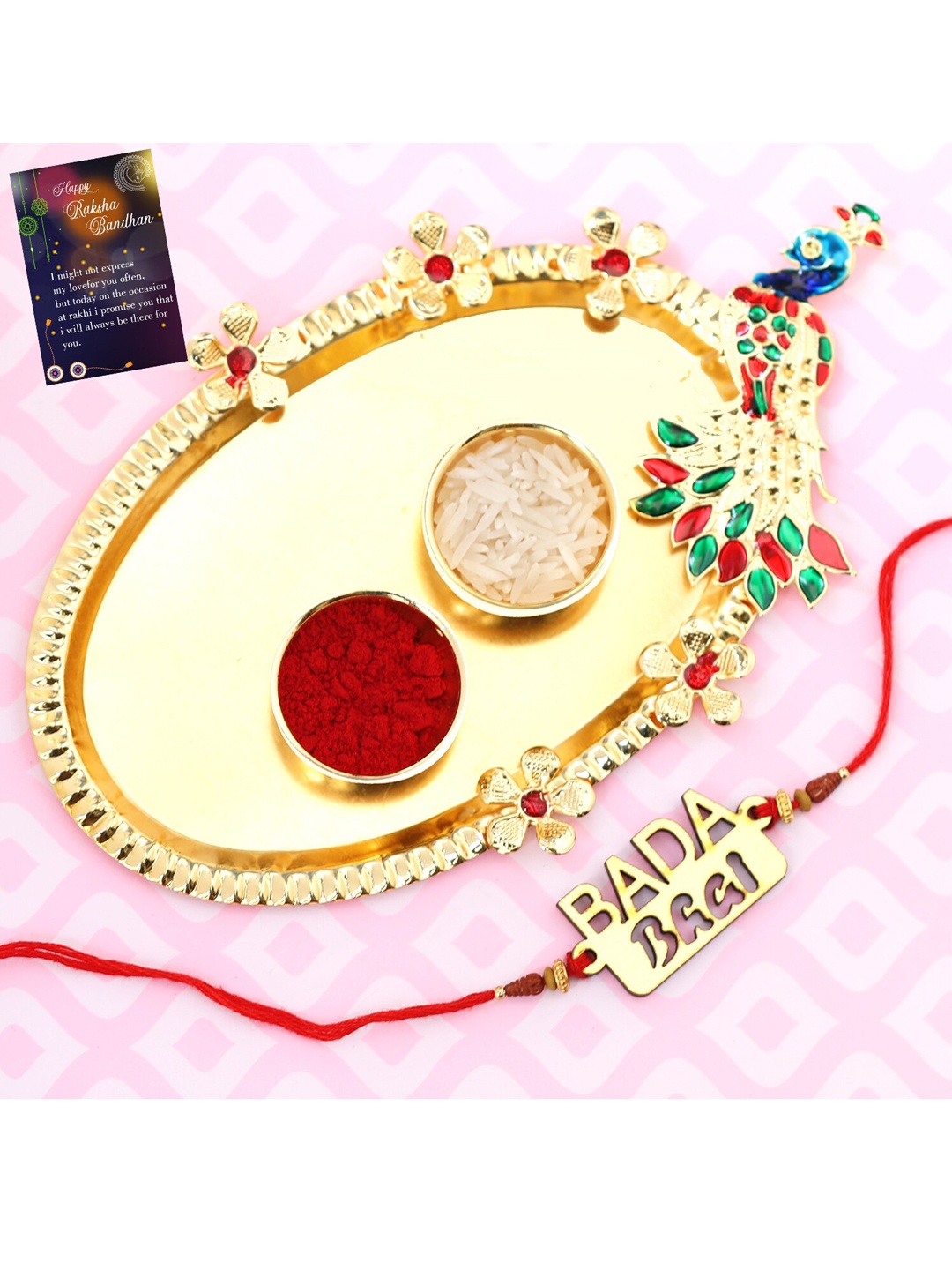 

Silver Shine 1 Rakhi With Pooja Thali Roli Chawal Greeting card, Multi