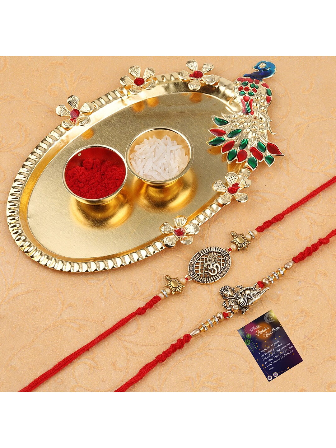 

Silver Shine Red 2 Rakhi With Pooja Thali Roli Chawal And greeting Card