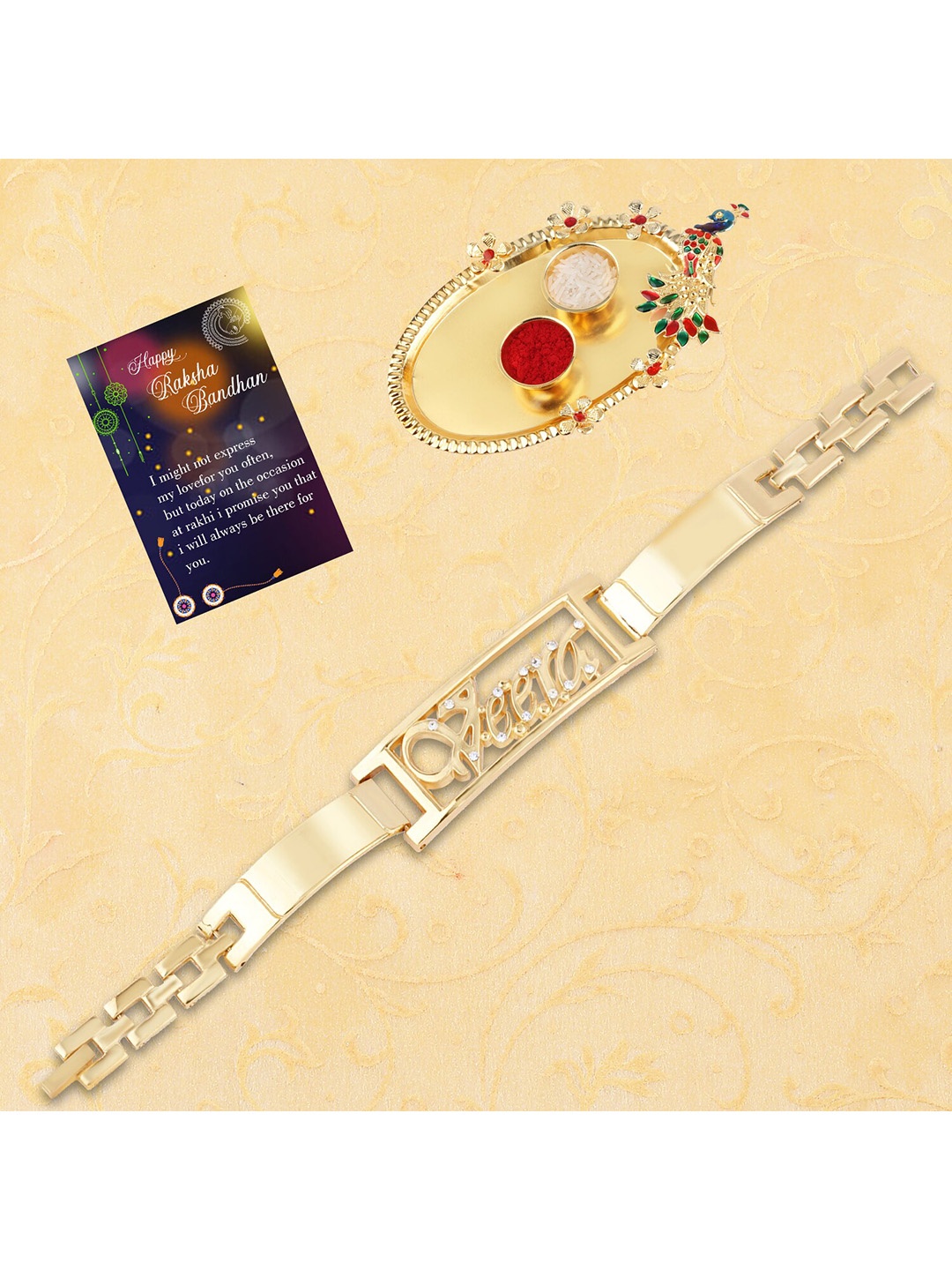 

Silver Shine Gold-Toned 1 Rakhi With Pooja Thali Roli Chawal Greeting Card