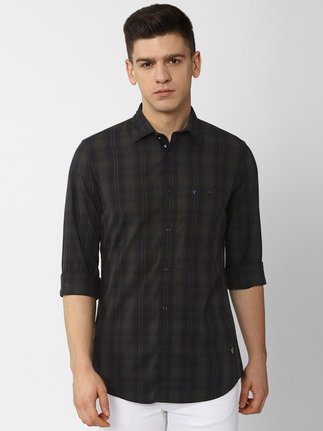 

VAN HEUSEN DENIM LABS Men Black Slim Fit Tartan Checks Checked Casual Shirt
