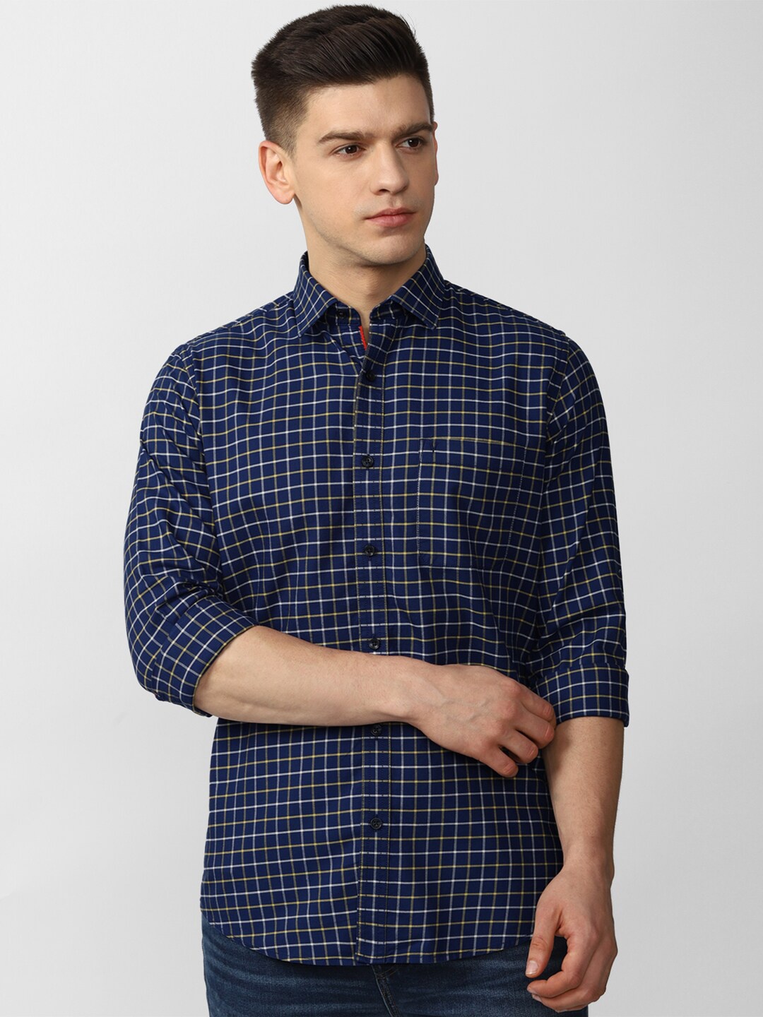 

Van Heusen Sport Men Navy Blue Slim Fit Grid Tattersall Checks Checked Casual Shirt