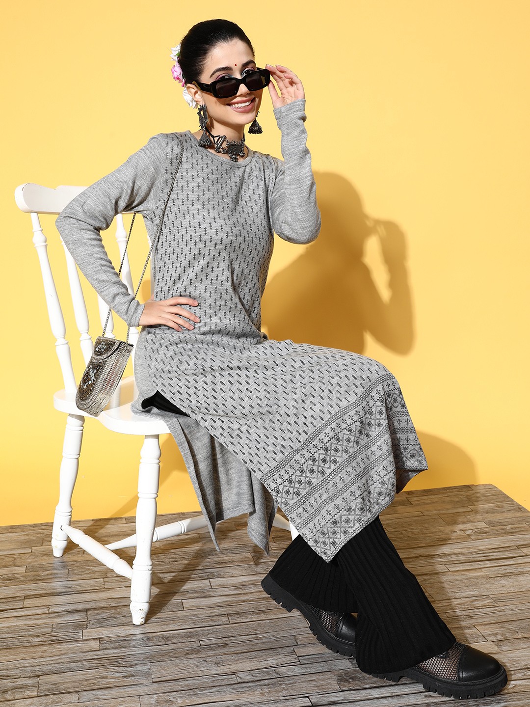 

HERE&NOW Women Grey Melange Acrylic Print Mix Kurta