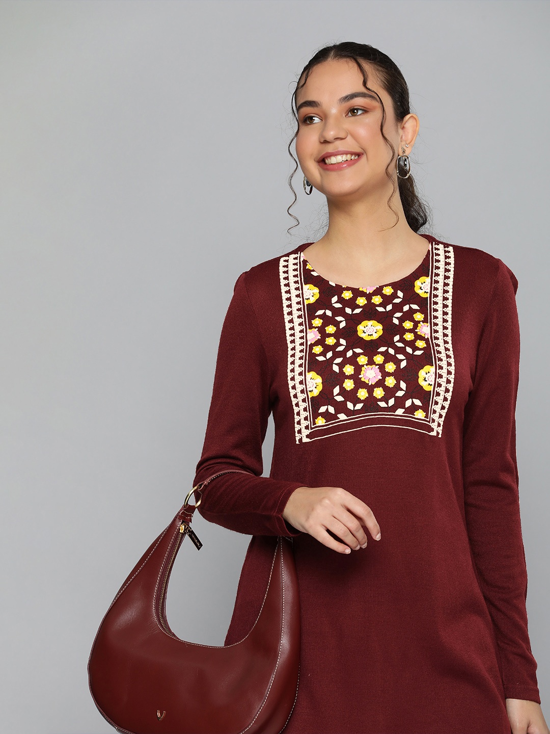 

HERE&NOW Women Maroon Floral Yoke Design Knitted Kurta