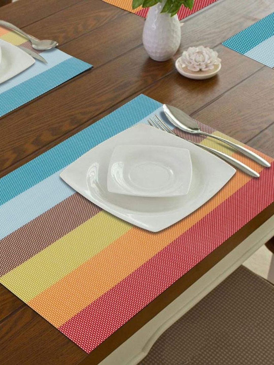 

royalkart Red & Orange 6 Pieces Striped Double Sided Table Placemats