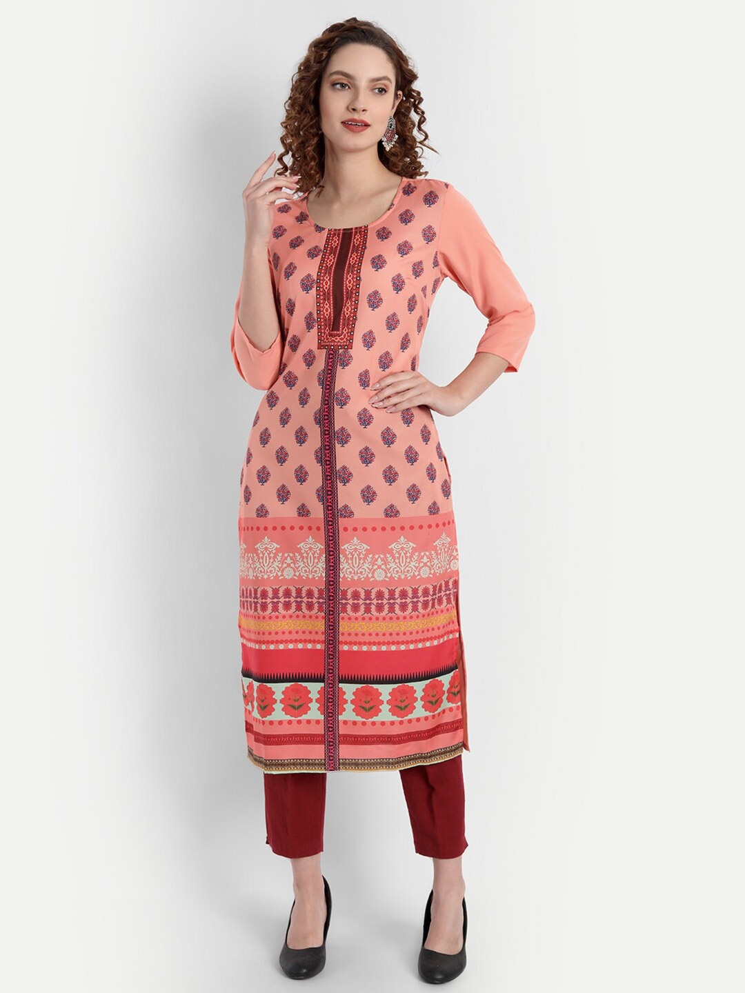 

soan Women Peach-Coloured Ethnic Motifs Printed Crepe Straight Kurta