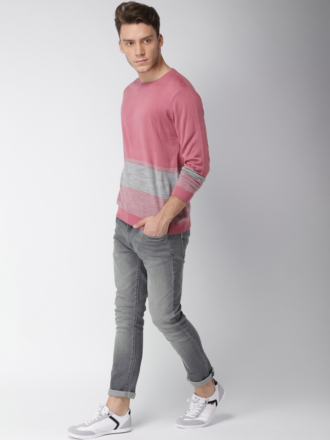 

Mast & Harbour Men Pink & Grey Striped Pullover