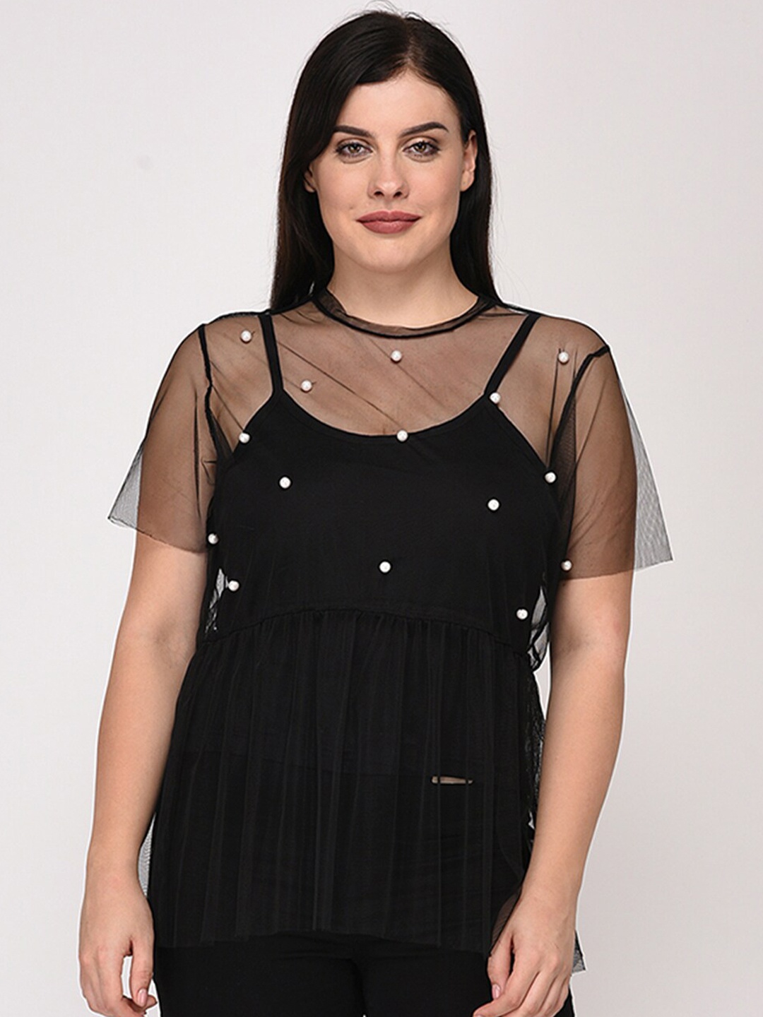 

LastInch Black & chinese black Embellished Net Empire Top