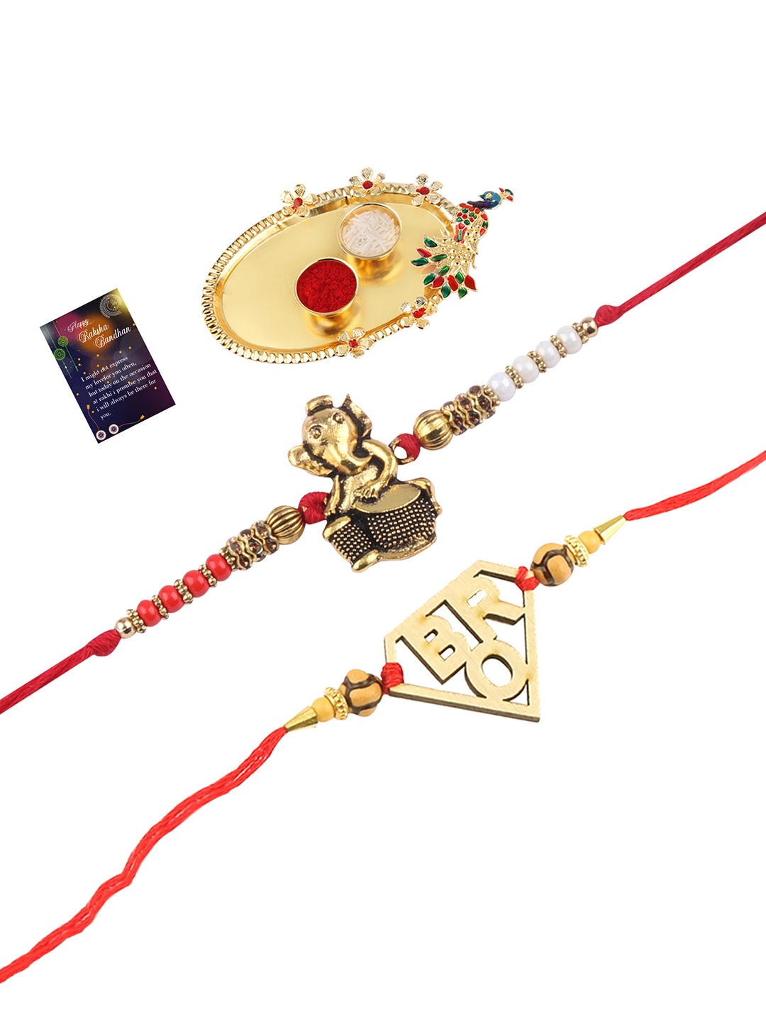 Silver Shine Red 2 Rakhi With Pooja Thali Roli Chawal And Greeting Card