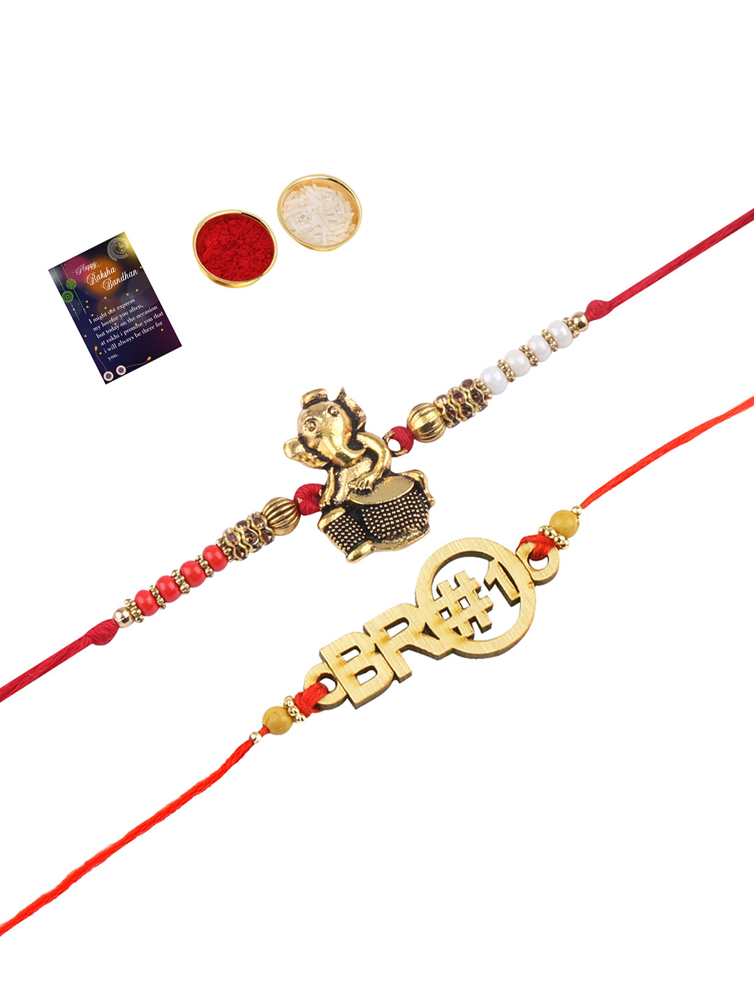 

Silver Shine Set of 2 Rakhi with Roli Chawal & Greeting Card, Multi