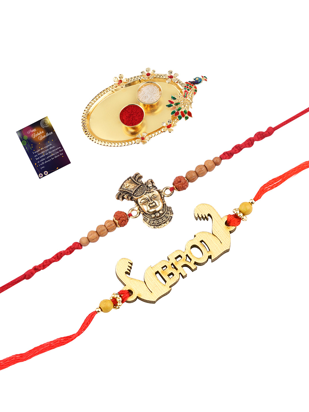 

Silver Shine Red 2 Rakhi With Pooja Thali Roli Chawal And Greeting Card