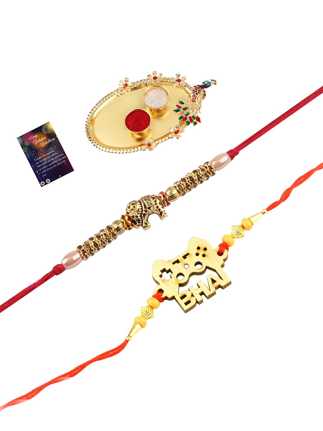 

Silver Shine Gold-Toned 2 Rakhi With Pooja Thali Roli Chawal & Greeting Card