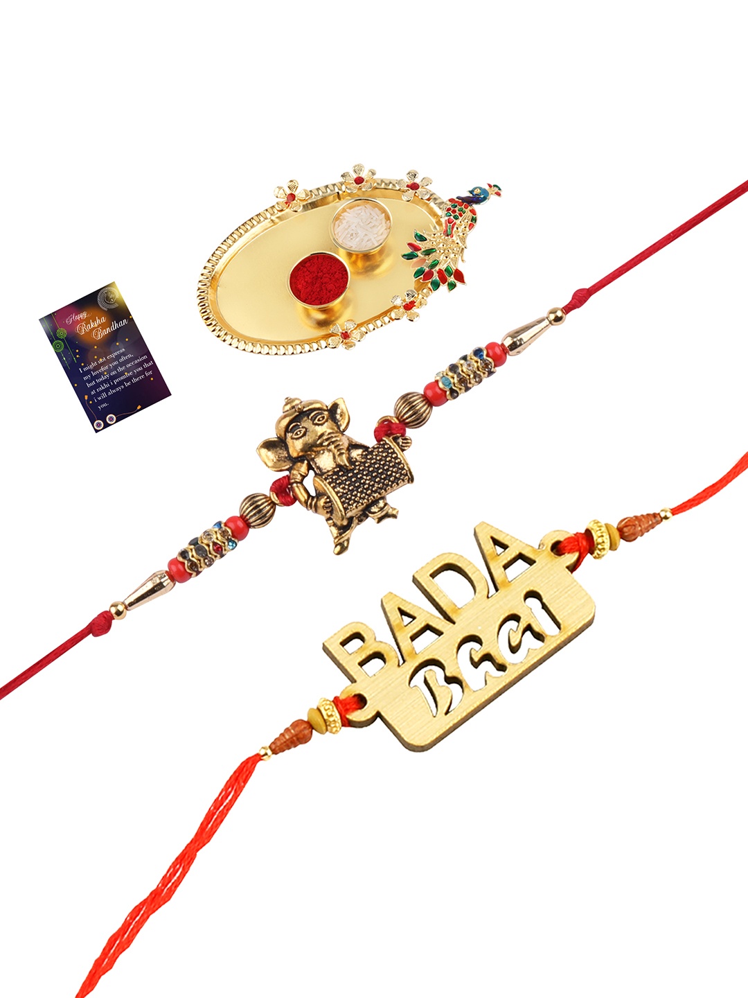 

Silver Shine 2 Rakhi with Pooja Thali Roli Chawal and Greeting Card, Gold