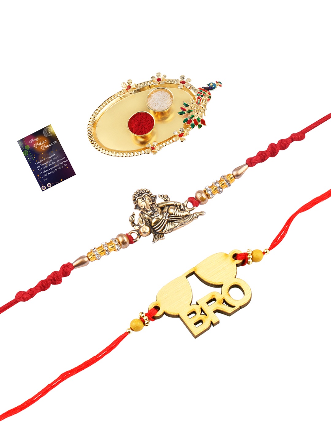 

Silver Shine Gold-Toned 2 Rakhi With Pooja Thali Roli Chawal & Greeting Card