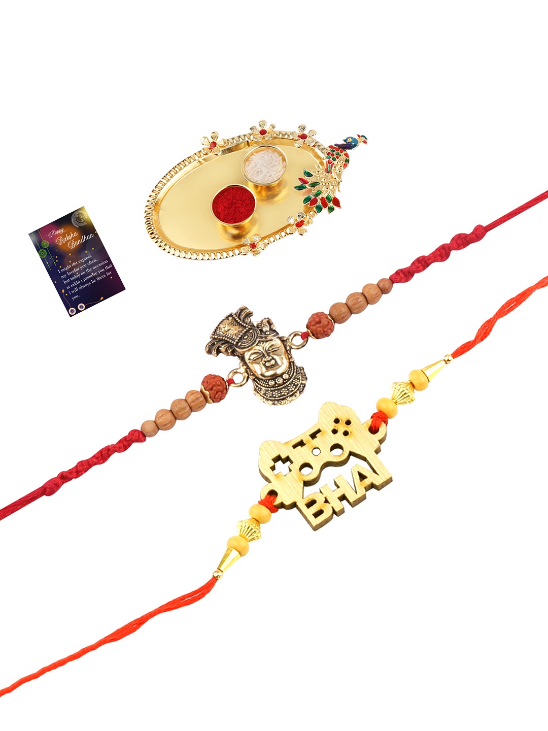 

Silver Shine 2 Rakhi With Pooja Thali Roli Chawal And Greeting Card, Multi